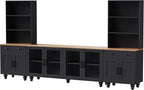 Farmhouse TV Stand with Bookshelves & Tempered Glass Doors, Entertainment Center with Adjustable Shelves for TVs up to 70'', Media Console with Solid Wood Gourd-Shaped Legs, Black