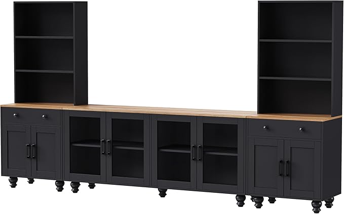 Farmhouse TV Stand with Bookshelves & Tempered Glass Doors, Entertainment Center with Adjustable Shelves for TVs up to 70'', Media Console with Solid Wood Gourd-Shaped Legs, Black
