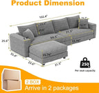 KEIKI 102.4" Sectional Couches, Modern Comfy Upholstered Sofa Cloud Couch, Deep Seat 4 Seat Sofa Set with Soft Pillows and Movable Ottoman for Living Room Bedroom,Apartment,Office, Grey