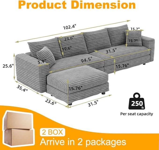 KEIKI 102.4" Sectional Couches, Modern Comfy Upholstered Sofa Cloud Couch, Deep Seat 4 Seat Sofa Set with Soft Pillows and Movable Ottoman for Living Room Bedroom,Apartment,Office, Grey