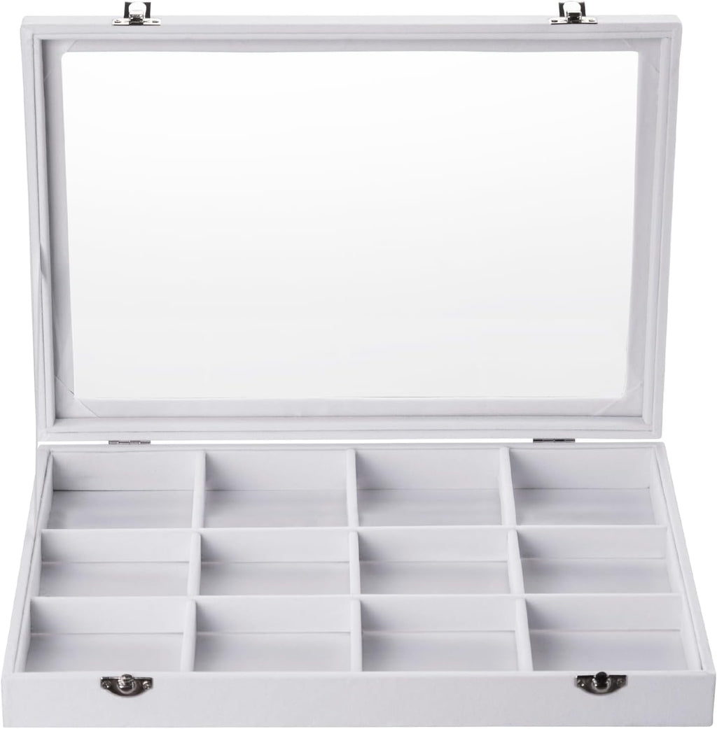 Frebeauty Velvet Jewelry Tray,12 Grid Jewelry Organizer with Clear Lid,Bracelets Holder,Jewelry Display Case with Clasp,Drawer Insert Bangle Brooch,13.8 x 9.5 x 2 Inches,Gift for Women Girls(White)
