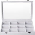 Frebeauty Velvet Jewelry Tray,12 Grid Jewelry Organizer with Clear Lid,Bracelets Holder,Jewelry Display Case with Clasp,Drawer Insert Bangle Brooch,13.8 x 9.5 x 2 Inches,Gift for Women Girls(White)