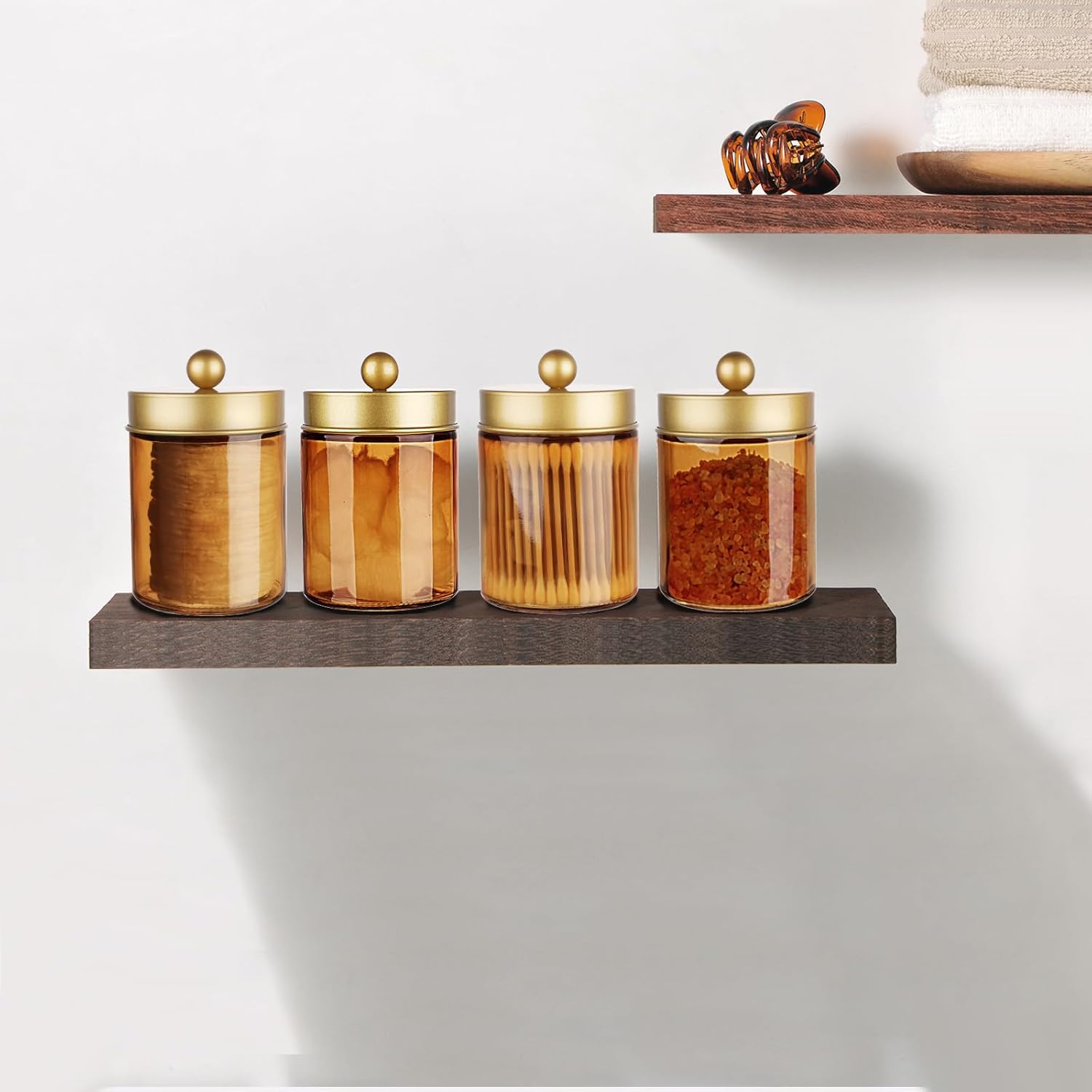 Amolliar Bronze Glass Apothecary Jar With Metal Lid & Stickers, Bathroom Qtip Dispenser Storage Canister, Perfect for Cotton Balls, Cotton Swabs, Makeup Pads, Bath Salt, Floss, 1 Pack(Gold)