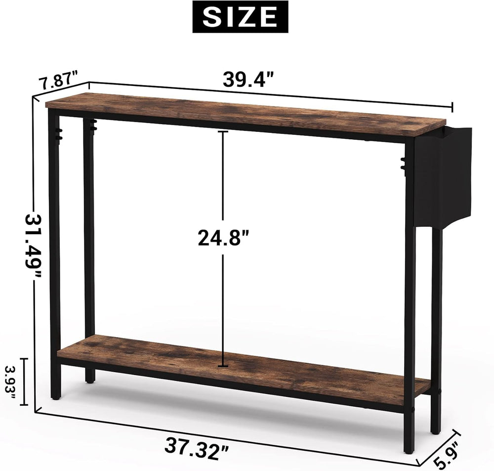 Bigbiglife 39.4" Console Entryway Table, 2-Tier Industrial Narrow Sofa T...