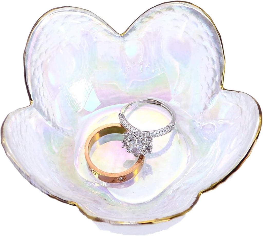 Flower Shape Ring Dish Jewelry Tray Organizer, Glass Accent Tray for Vanity, Small Decorative Trinket Dish, Crystal Pearl White