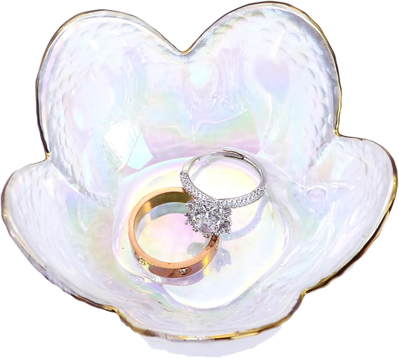 Flower Shape Ring Dish Jewelry Tray Organizer, Glass Accent Tray for Vanity, Small Decorative Trinket Dish, Crystal Pearl White