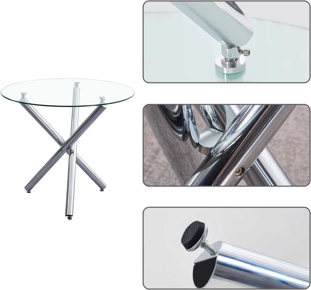 Round Glass Dining Room Set for 4 Modern Clear Silver Kitchen Table and Faux ...