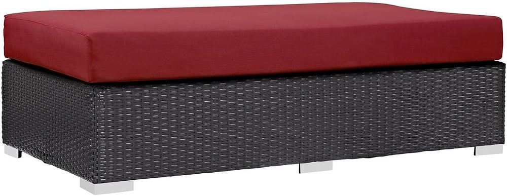 BOWERY HILL Rectangle Fabric Rattan Patio Ottoman, Espresso Finish with Red C...