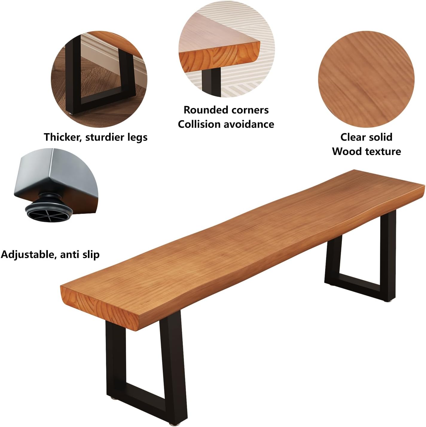 Durable Solid Wood Top Bench with Sturdy Metal Legs – Versatile Dining & Office Seating - Multi-Size Options Ideal for Living Room, Dining Room, and Home Office(Dark yellowbench, 62.99in)