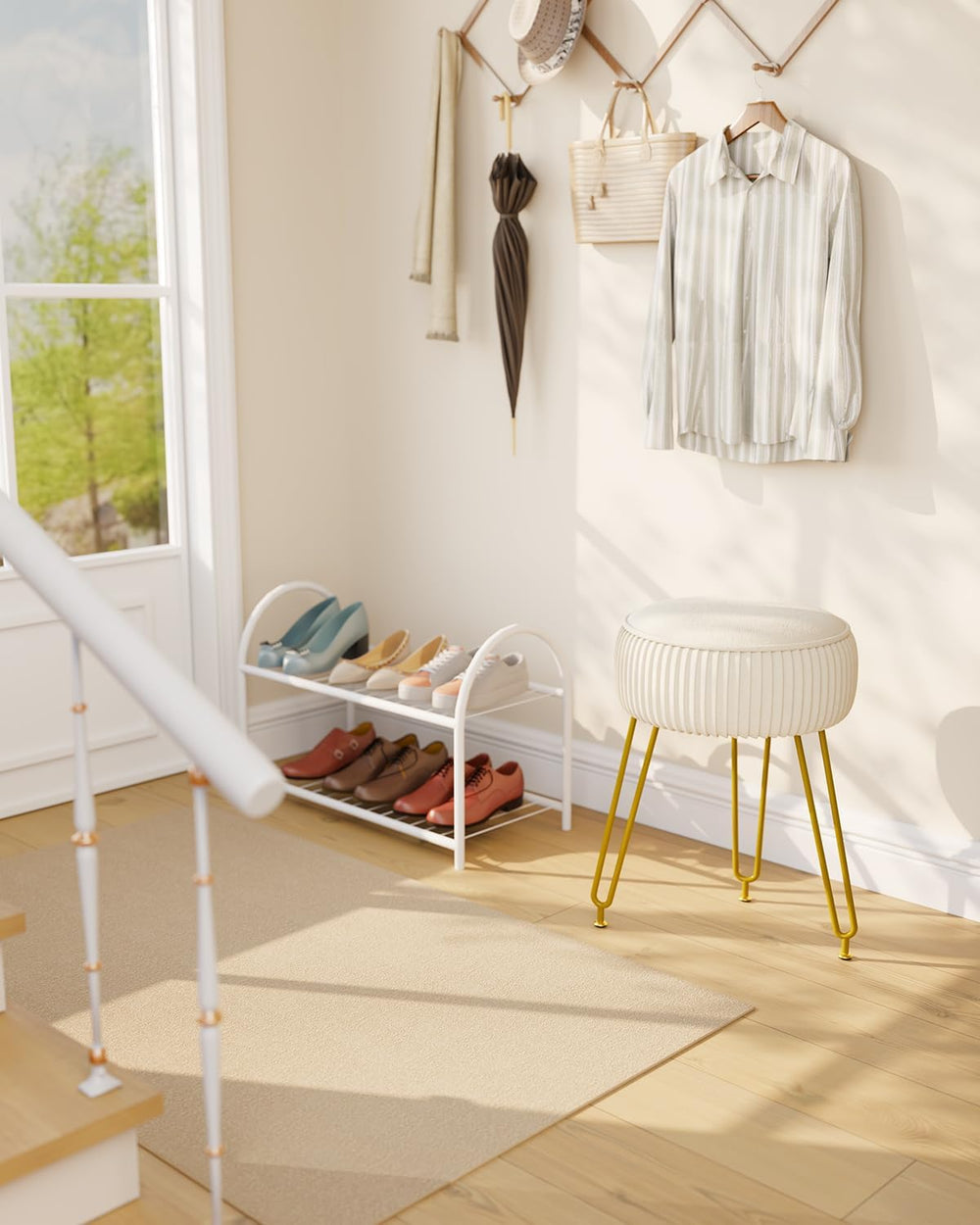 IBUYKE Makeup Vanity Stool, Velvet Round Footrest Ottoman, White LG-30M | Dre...