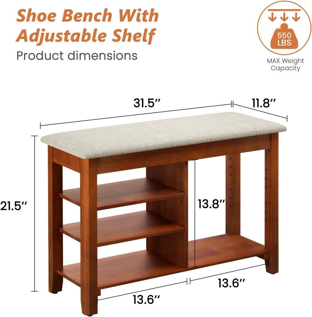 FAGAGA Shoe Rack Bench with Cushioned Seat, Solid Wood Entryway Bench with Fl...