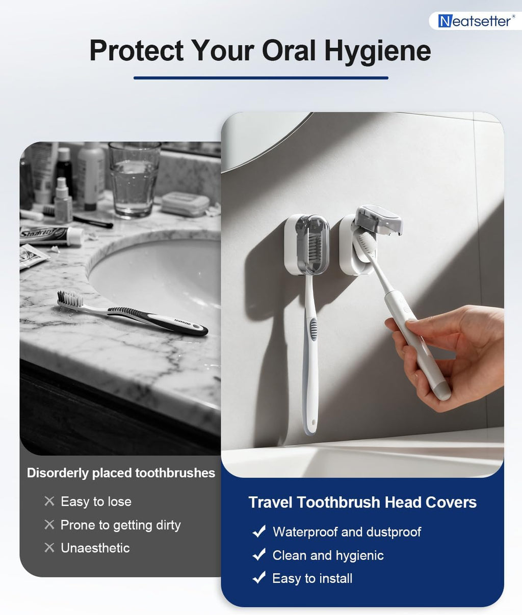 Toothbrush Holder with Auto-Close Cover – Waterproof, Dust-Proof Tooth Brush Hanger Rack for Electric Toothbrushes, 3-Pack No Drill Wall-Mounted Toothbrushes Organizer - Grey