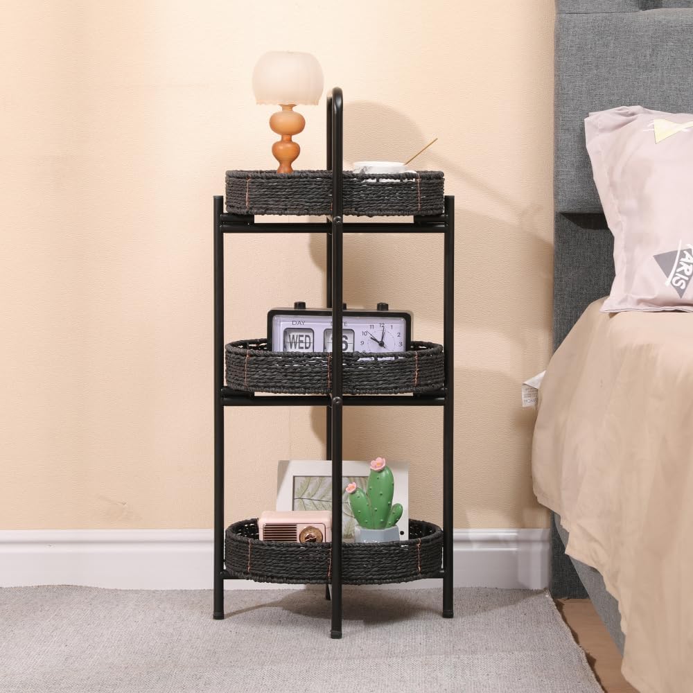 Small Handwoven Side Table 3-Tier Oval Storage Organizer, Wicker Shelf for Ki...