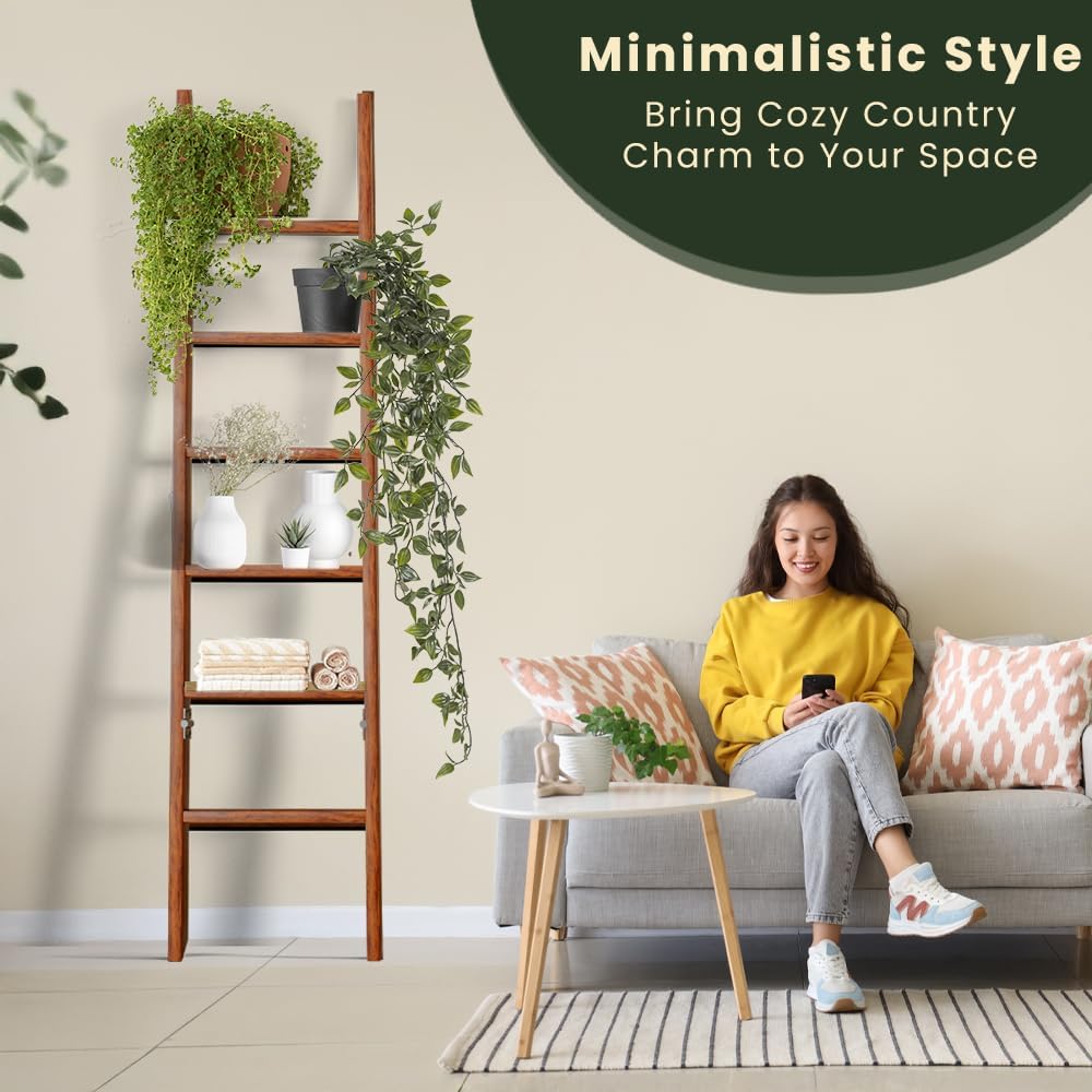 Wooden Blanket Ladder for Living Room 6-Tier, Decorative Ladder Blanket Rack & Quilt Ladder Decor, Rustic Farmhouse Wood Ladder, Anti-Slip Sturdy Blanket Holder, 68 Inch Tall, Rustic Brown