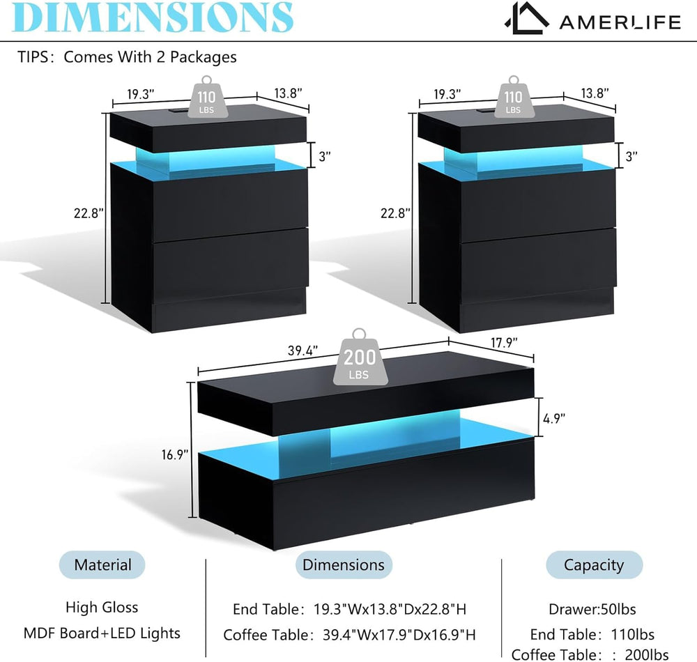 AMERLIFE High Gloss 3 Pieces Living Room Table Set, Modern LED Coffee Table S...