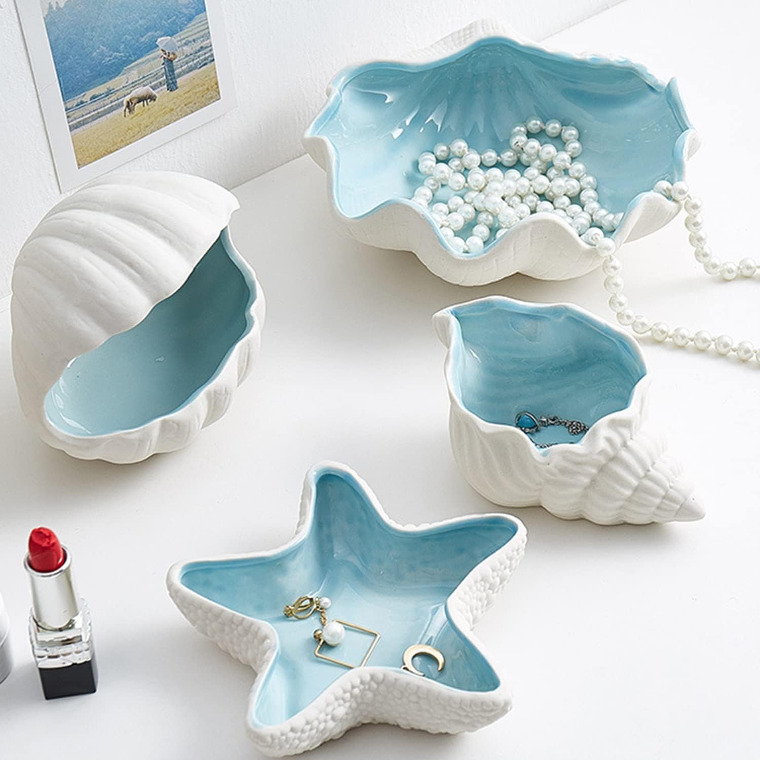 7.7" x 4.7" x 3.5" Large Conch Jewelry Dish Tray SeaConch Bowl Ceramic Conch Ring Holder Decorative Trays Cute Jewelry Organize Key Storage Tray for Home Decor Porcelain Jewelry Deco