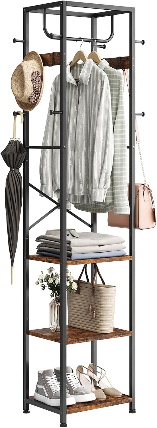 ELYKEN Coat Rack Freestanding, Hall Tree with 3 Storage Shelves and 12 Hooks, Industrial Clothes Rack Stand Organizer for Bedroom, Hallway, Entryway, Office, Living Room, Rustic Brown