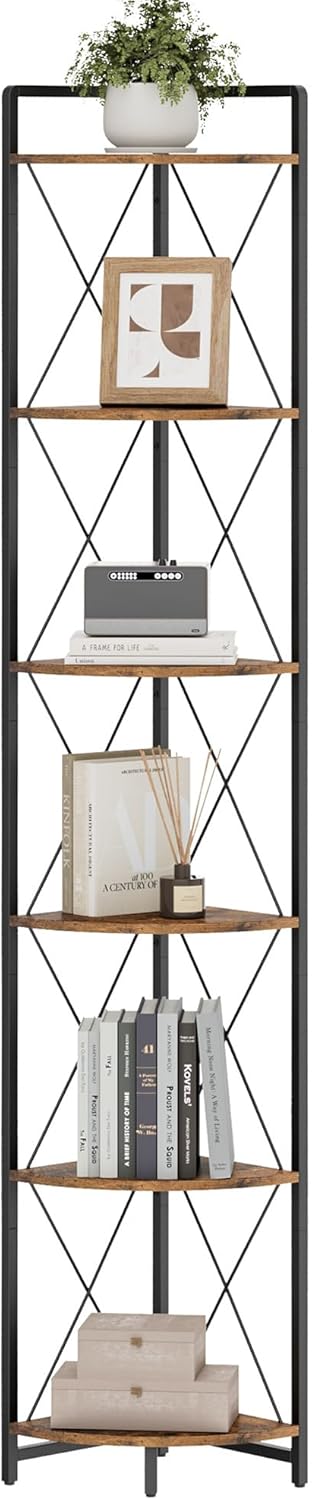 6 Tier Corner Shelf Stand, 78" H Tall Industrial Corner Bookshelf for Li...