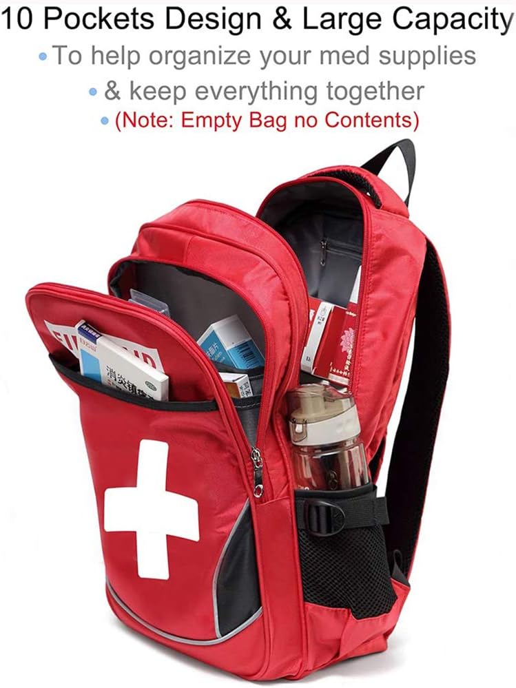 First Aid Bag Empty Red Emergency First Responder Trauma Multi-Pocket Traveli...