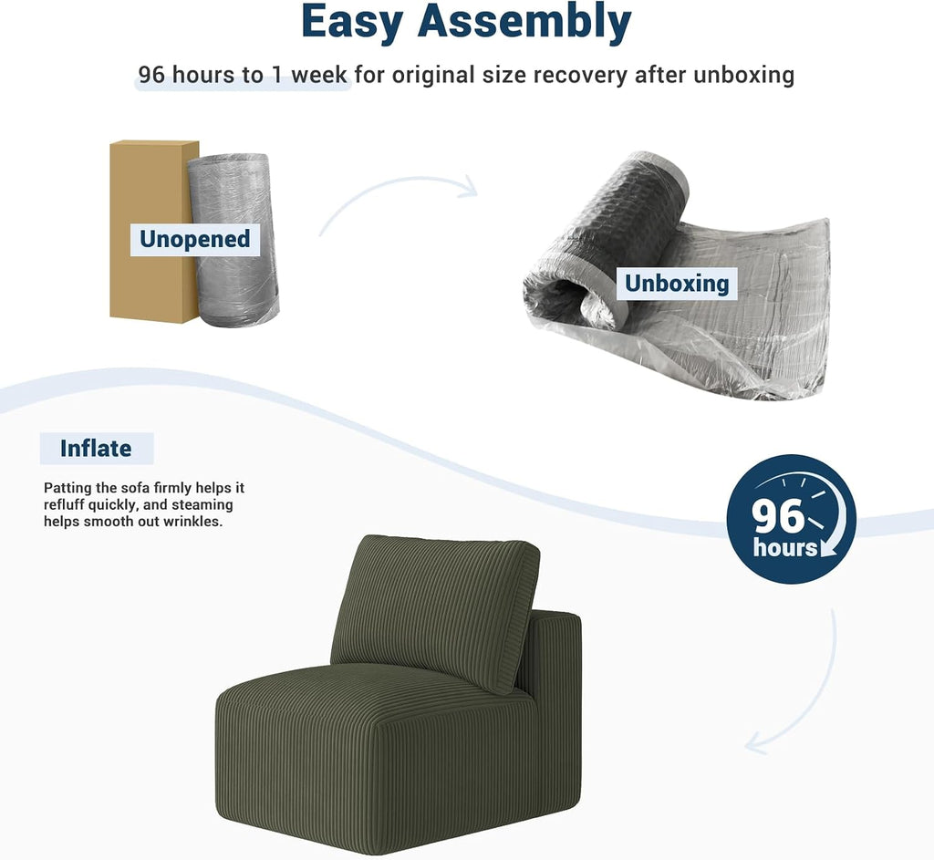 Modern Single Boneless Sofa Couches for Living Room - 39" Cloud Couch - Easy Assembly, Cozy Corduroy Convertible Full Sponge Compression Sofas for House, Apartment(Green)