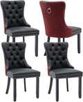 Dining Chairs Set of 4, Upholstered Dining Room Chairs with Back Ring Pull Trim and Solid Wood Legs, Modern Tufted Kitchen Chairs Perfect for Dining Room, Black Pu Leather Splicing WineRed Velvet