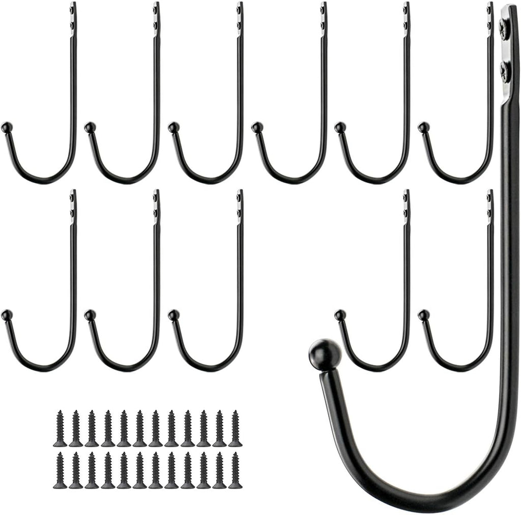 Wall Mounted Single Hook Wall Hanger Key Holder Wrought Iron Coat Hat Hooks, Set of 12 pcs and 24 pcs Screws, Black, Length:4.92inch