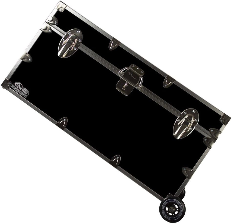 C&N Footlockers - Large Undergrad Storage Trunk w/Wheels - Made in the USA - Only STEEL Footlocker on Amazon - Durable Chest with Lid Stay - 32 x 18 x 16.5 Inches (Black)
