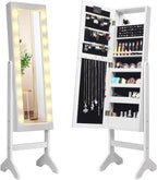 Giantex Standing Jewelry Armoire with 18 LED Lights Around the Door, Large Storage Mirrored Jewelry Cabinet with Full Length Mirror, 16 Lipstick Holders, 1 Inside Makeup Mirror (White)