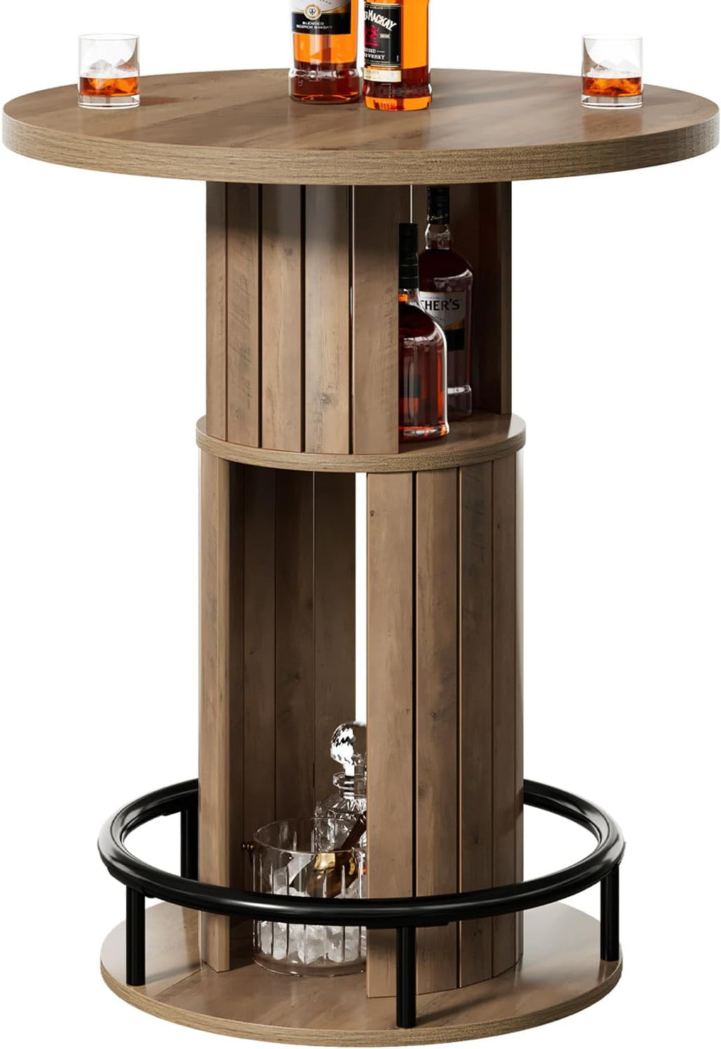 HSH 39.37" H Round Bar Table with Storage and Metal Ring Footrest, Rustic | Modern Bar Height Pub Table With 2 Tier Storage, Space-Saving Design, For Kitchen, Coffee Bars And Small Spaces, Table Only