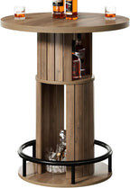 HSH 39.37" H Round Bar Table with Storage and Metal Ring Footrest, Rustic | Modern Bar Height Pub Table With 2 Tier Storage, Space-Saving Design, For Kitchen, Coffee Bars And Small Spaces, Table Only