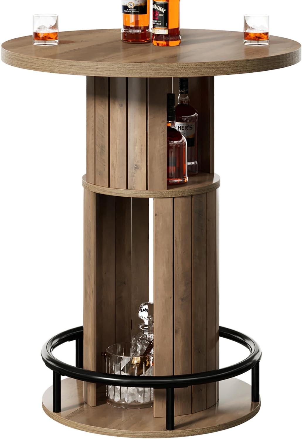 HSH 39.37" H Round Bar Table with Storage and Metal Ring Footrest, Rustic | Modern Bar Height Pub Table With 2 Tier Storage, Space-Saving Design, For Kitchen, Coffee Bars And Small Spaces, Table Only