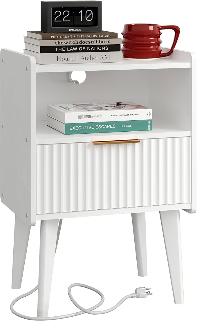 Fluted Nightstand with Charging Station, Modern Bedside Table with Drawer,Whi...