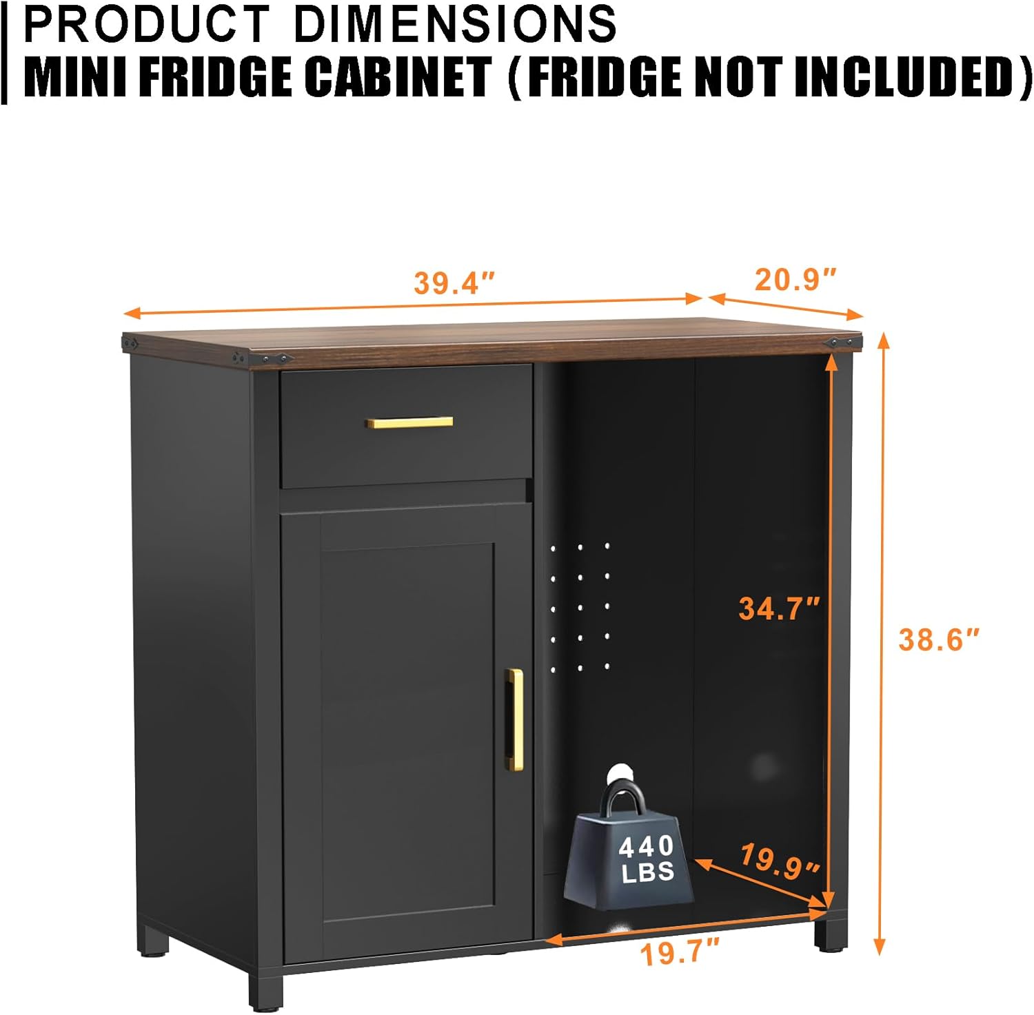 GDLF Coffee Bar Cabinet with Fridge Space, Mini Fridge Stand,Black | Compact Refrigerator Stand, Large Drawer & Cabinet, Black Finish with Warm Brown Top for Kitchen, Office, Dorm & Snack Bar