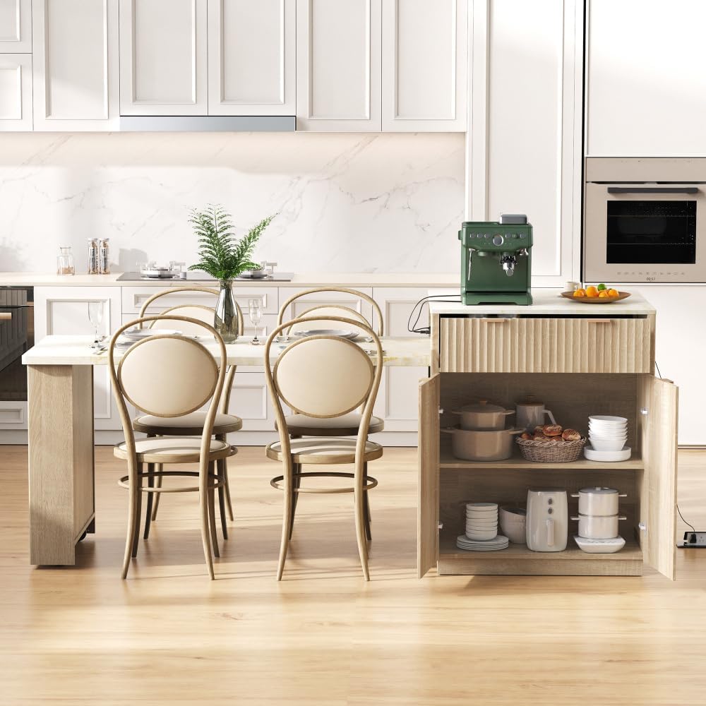 Kitchen Island, 82.6-Inch Natural with Extendable Dining Table and Outlet | F...