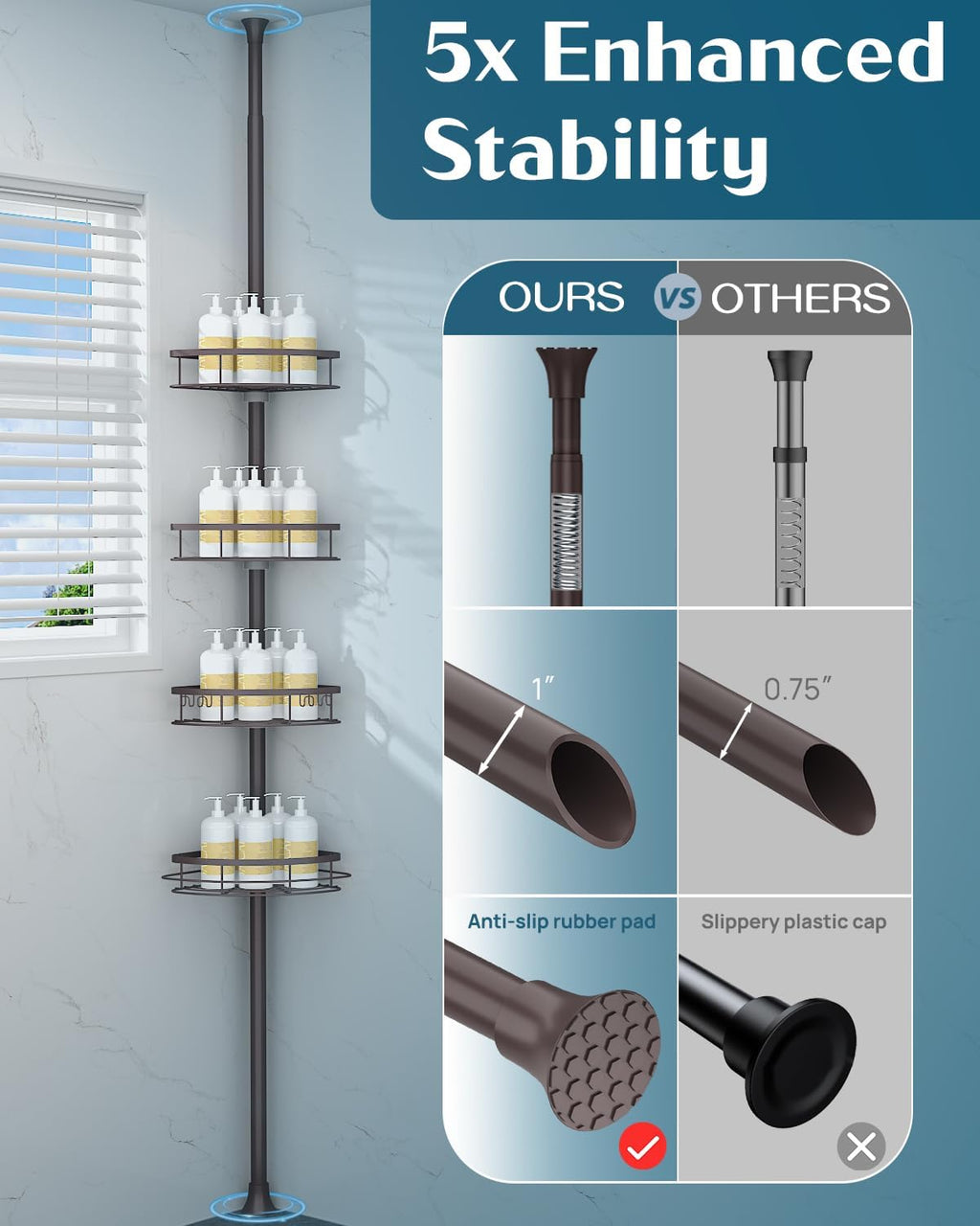 SEIRIONE Rustproof Shower Corner Caddy Organizer for Bathroom,Tension Pole with 4 Baskets, for Bathtub Storage Rack, 34 to 116 Inch Height, Bronze