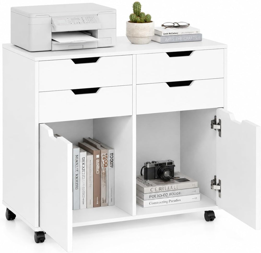 POWERSTONE Mobile File Cabinet with 4 Drawers & 2 Door, Rolling Under Des...
