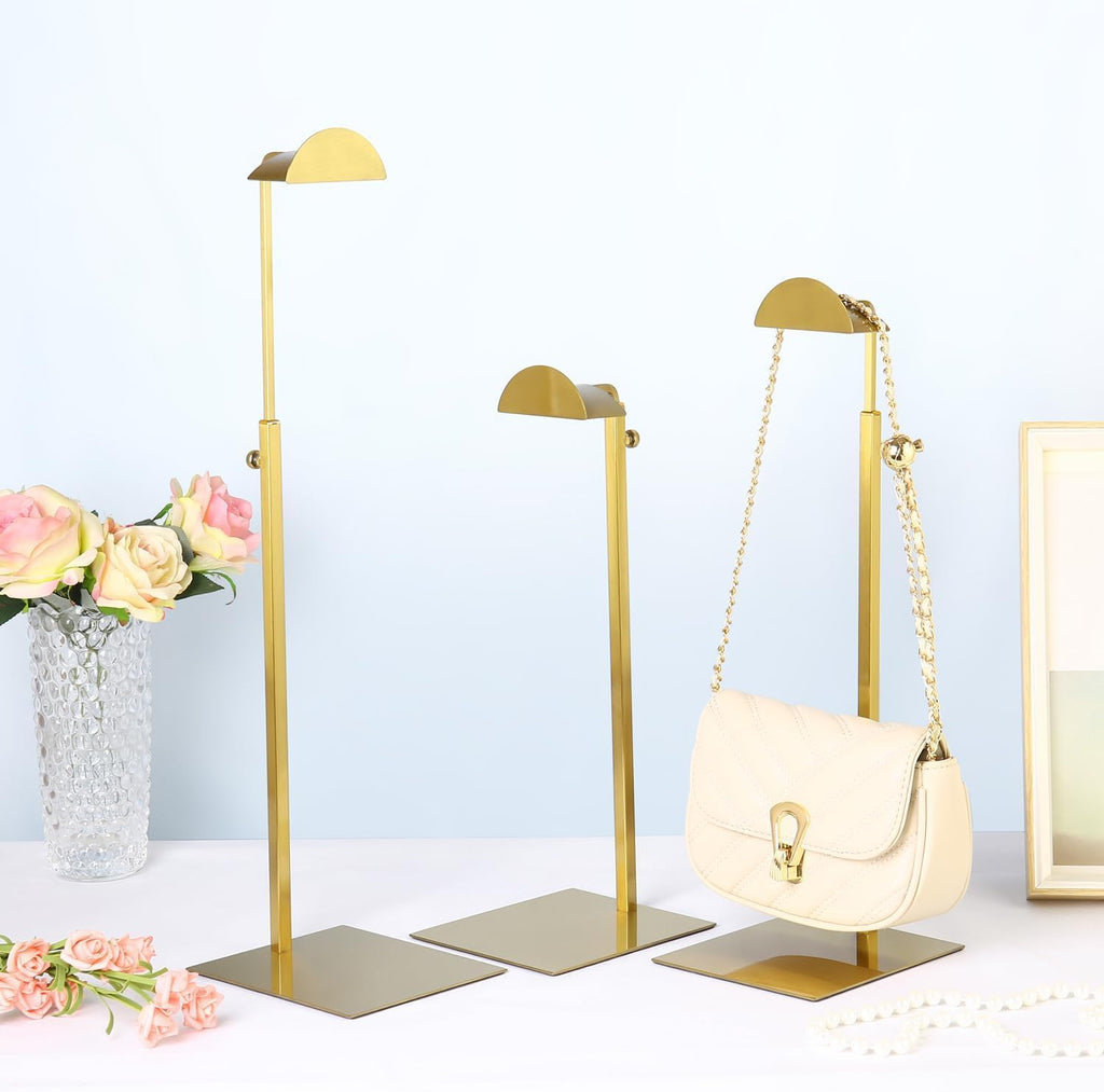 Purse Display Stands, 4 Pack Gold Purse Display Rack Stainless Steel Handbag Display Stand Adjustable Height Bag Display Stand Holder Anti-fingerprint for Retail Boutiques Commercial Store