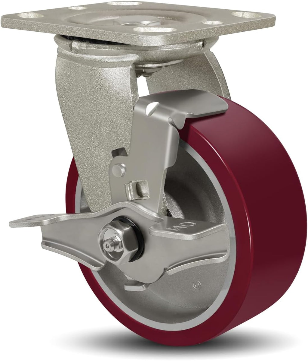 SY America 5" X 2" Casters Wheels,Heavy Duty Industrial Casters，Polyurethane on Aluminum Wheels,1 Swivel w/Top Lock Brake Casters,1100 LBS Load Capacity