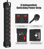 Heavy Duty Power Strip with Individual Switches,8 Outlets 14 Gauge Industrial Shop Garage Metal Multiple Outlets,1200J Surge Protector Mountable Power Strip,10FT Extension Cord Management(Black)