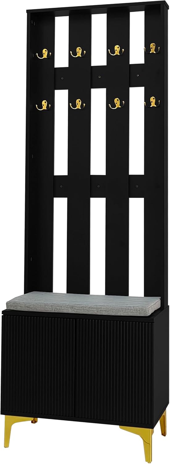 Stylish Multifunctional Entryway Wardrobe Set Black Shoe Bench with Hooks Pus...