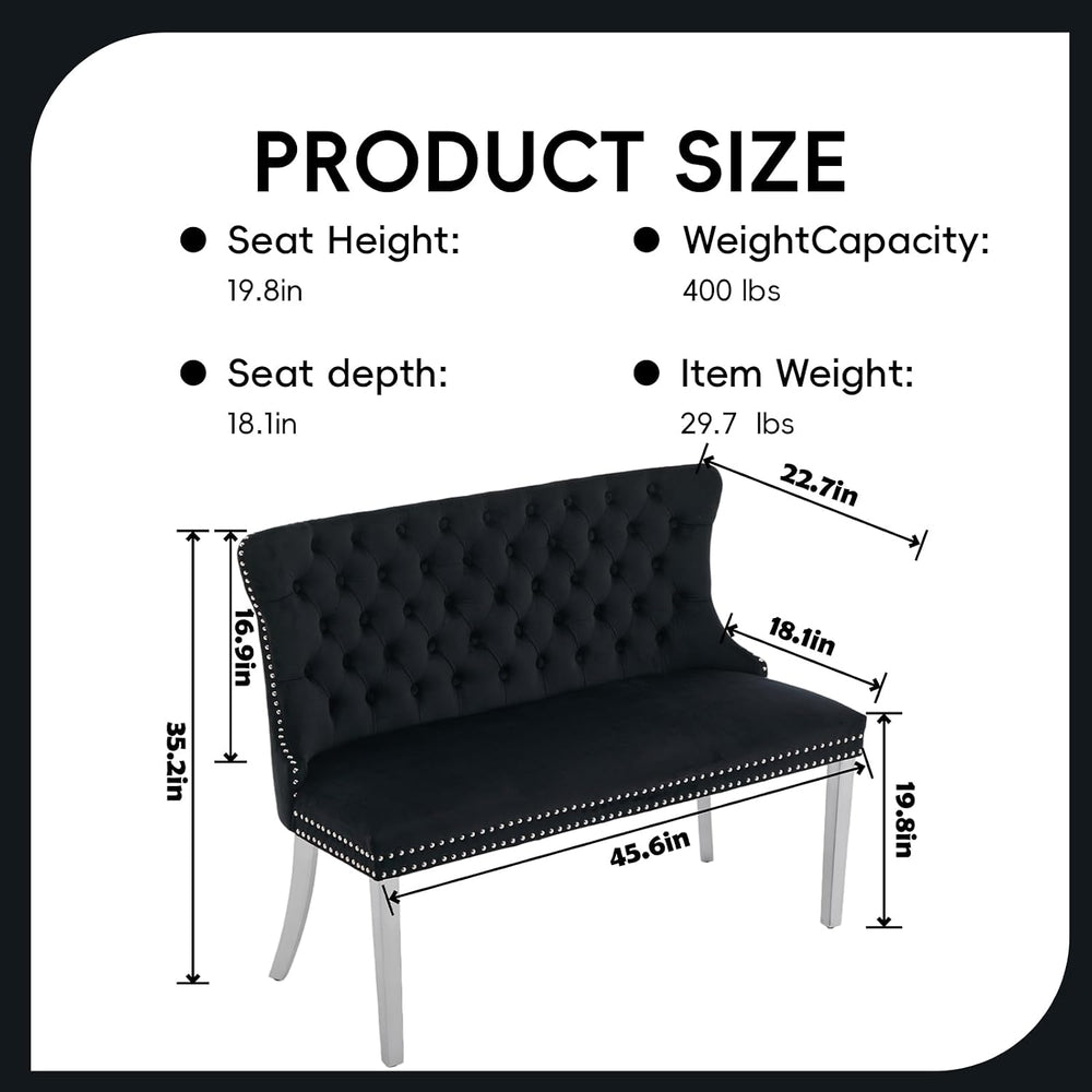 Black Velvet Dining Bench, Tufted Upholstered Dining Loveseat | Wing Back Sea...
