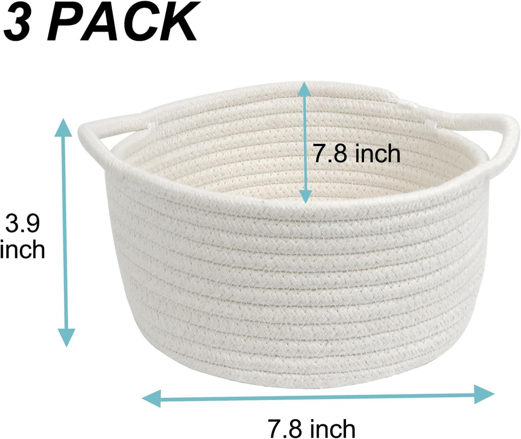 Small Woven Cotton Rope Baskets with Handles, Set of 3, White | Small Gift Baskets, Decorative Storage Baskets, Round Boho Design, Nursery and Bathroom Organizer, Multi-Room Storage