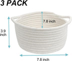 Small Woven Cotton Rope Baskets with Handles, Set of 3, White | Small Gift Baskets, Decorative Storage Baskets, Round Boho Design, Nursery and Bathroom Organizer, Multi-Room Storage