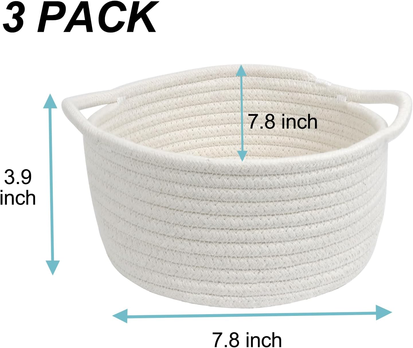 Small Woven Cotton Rope Baskets with Handles, Set of 3, White | Small Gift Baskets, Decorative Storage Baskets, Round Boho Design, Nursery and Bathroom Organizer, Multi-Room Storage