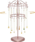 MODOWEY Rotating Necklace Holder Organizer Display Stand with 42 Hooks, 2 Tier Adjustable Metal Tree for Long Necklace Hanger, Tall Spinning Bracelet Storage Rack for Men Women, Rose gold