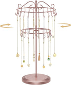 MODOWEY Rotating Necklace Holder Organizer Display Stand with 42 Hooks, 2 Tier Adjustable Metal Tree for Long Necklace Hanger, Tall Spinning Bracelet Storage Rack for Men Women, Rose gold