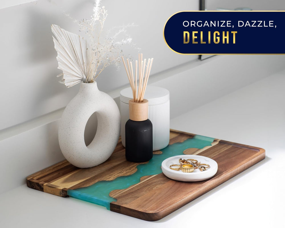 Comfify Celeste Blue Resin Acacia Wood Serving Tray – 15.8x11.7 Rectangular