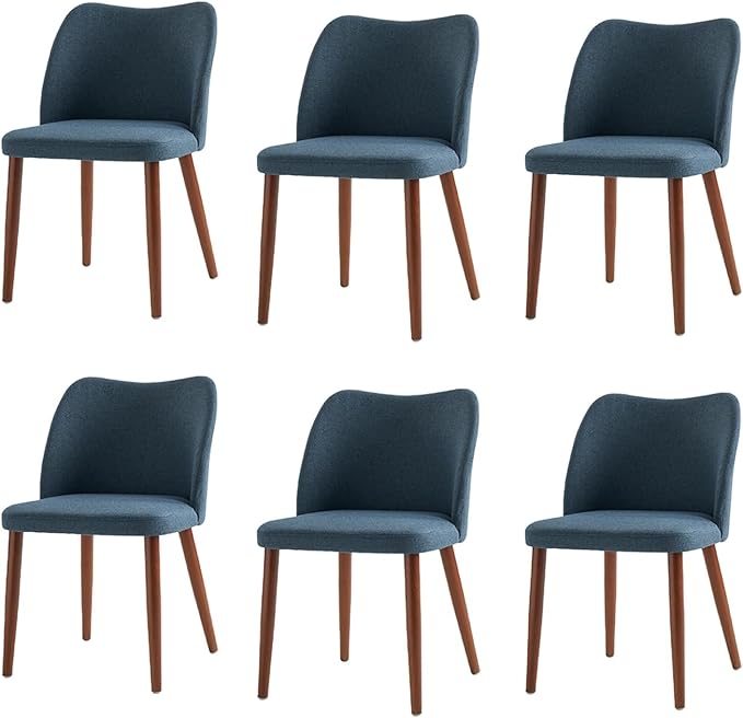 Dining Chairs Set of 6, Upholstered Kitchen Dining Room Chair Set Morden Accent Side Dinner Chair with Curved Padded Back Wood Legs for Restaurant/Cafe, Navy