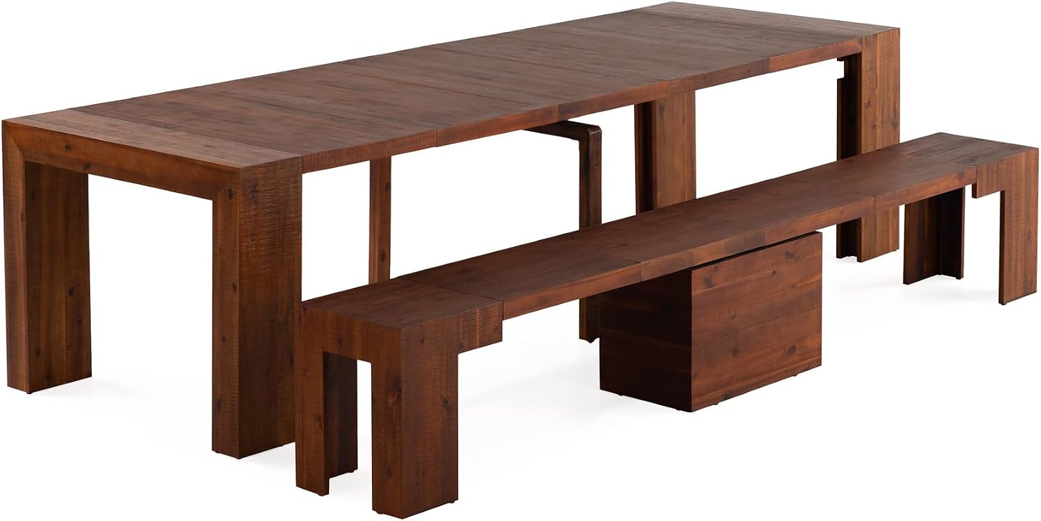 Transformer Table Solid Wood Extendable Dining Table, Red Oak | Seats 2-12, Expandable Dining Room Table, Space-Saving Furniture, Kitchen and Dining Room Furniture, Table + Bench