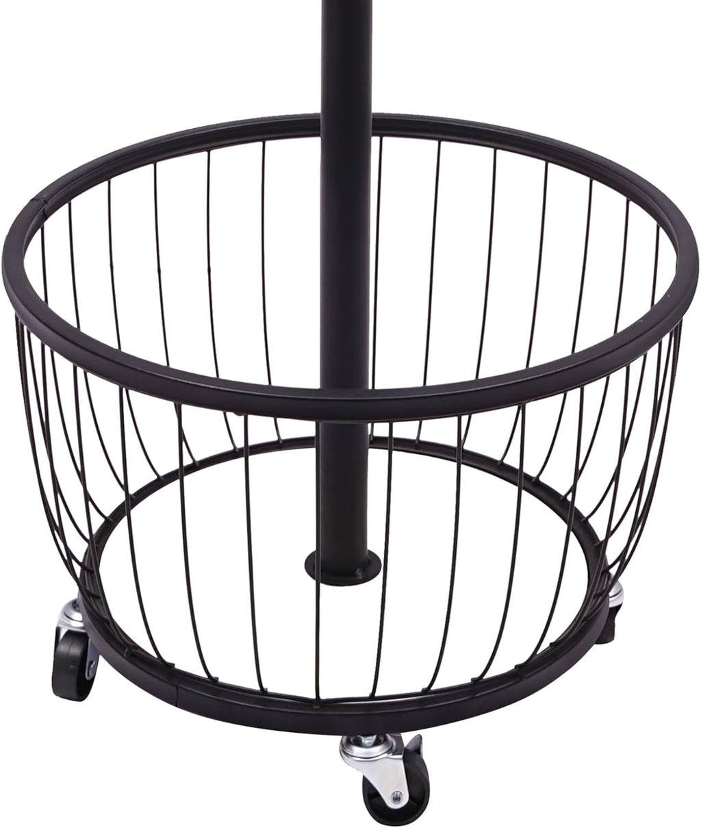 Floor Standing Coat Rack with Storage Basket and Wheels,Carbon Steel Hall Tree with 6 Hooks,Clothes Rack for Entryway,Bedroom,Black